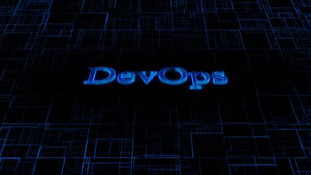 Neon Blue Dev Ops Text Animovaný Tmavém Digitálním Pozadí Mřížky — Stock video