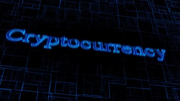Digital Concept Art Word Cryptocurrency Glowing Blue Neon Light Animated — Stock Video
