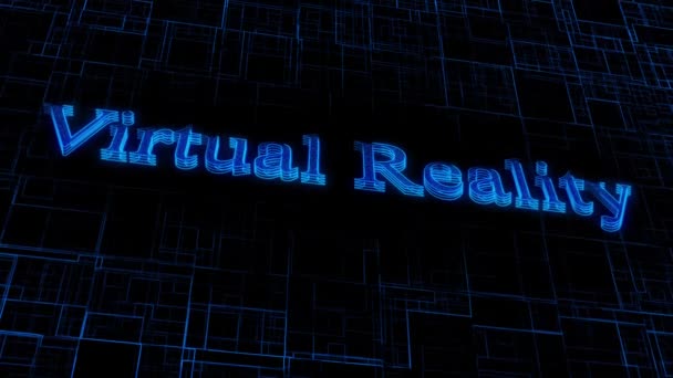 Animerad Digitalt Rutnät Med Glödande Blå Virtual Reality Text Futuristiska — Stockvideo