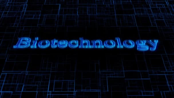 Neon Blue Biotechnology Text Animated Dark Digital Grid Background — Stock Video