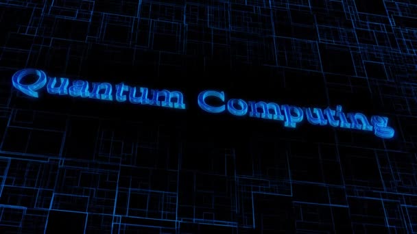Animated Digital Concept Quantum Computing Glowing Blue Text Circuit Grid — Stock Video