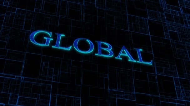 Neon Azul Global Texto Animado Fundo Grade Digital Escuro — Vídeo de Stock