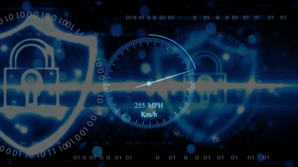 파란색 배경에 애니메이션 설계와 속도계 인터페이스 — 비디오