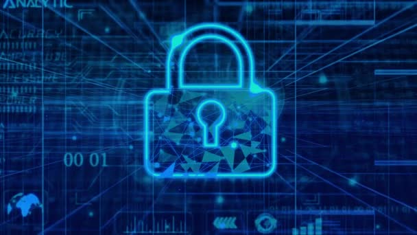 Animovaný Digitální Visací Zámek Pozadí Modrého Binárního Kódu Symbolizace Kybernetické — Stock video