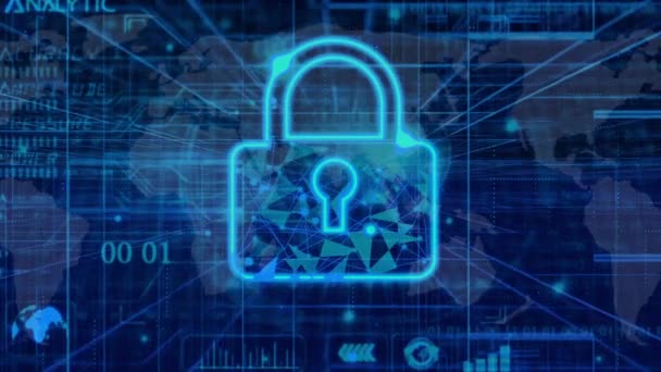 Animated Digital Padlock Blue Binary Code Background Symbolizing Cybersecurity Data — Stock Video