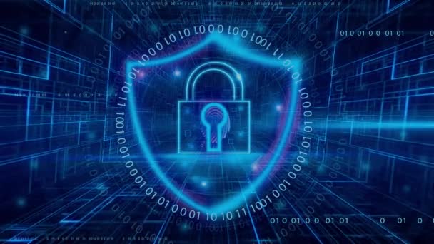 Animated Digital Padlock Blue Binary Code Background Symbolizing Cybersecurity Data — Stock Video
