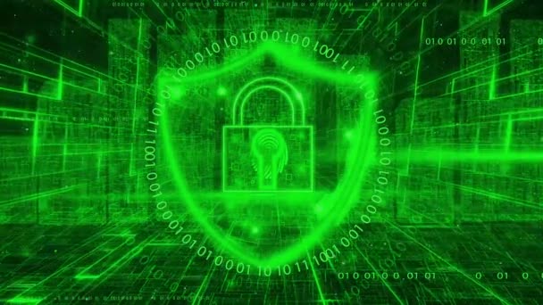 Animated Digital Padlock Green Binary Code Background Symbolizing Cybersecurity Data — Stock Video