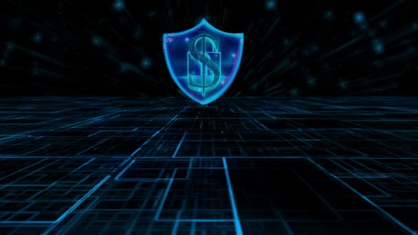 Digital Cybersecurity Concept Glowing Shield Icon Animate Dark Blue Grid — Stock Video