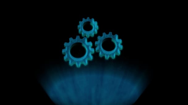 Три Светящихся Синих Шестеренки Плавающие Анимированные Темном Фоне — стоковое видео