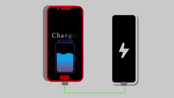 グレーバックグラウンドでアニメーションされた画面の充電インジケータで電源バンクに接続されたスマートフォン — ストック動画