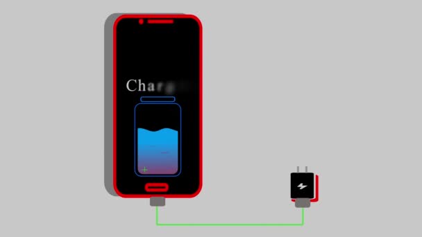 グレーバックグラウンドでアニメーションされた画面の充電インジケータで電源バンクに接続されたスマートフォン — ストック動画