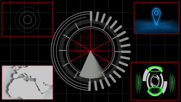 Futurystyczny Interfejs Okrągłym Radarem Nawigacją Mapową Grafiką Śledzenia Celu Animowaną — Wideo stockowe