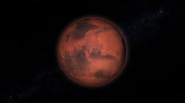 Mars gezegeni ekran sağında dönüyor, yarı aydınlık ve yıldızlı bir arka plan. m_487
