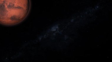 Mars gezegeni ekran sağında dönüyor, yarı aydınlık ve yıldızlı bir arka plan. m_489