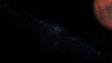 Mars gezegeni ekran sağında dönüyor, yarı aydınlık ve yıldızlı bir arka plan. m_491