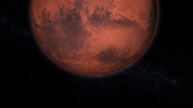 Mars gezegeni ekran sağında dönüyor, yarı aydınlık ve yıldızlı bir arka plan. m_490