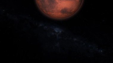 Mars gezegeni ekran sağında dönüyor, yarı aydınlık ve yıldızlı bir arka plan. m_492
