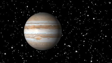 Canlandırılmış Jüpiter gezegeni yıldızlı arka plana karşı. Detaylı gezegen yüzeyi.