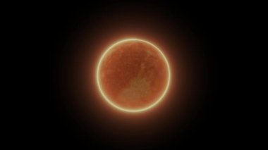 Koyu arkaplanda parlak bir ışık halkası ile parlayan kırmızı bir güneşin dijital canlandırması.