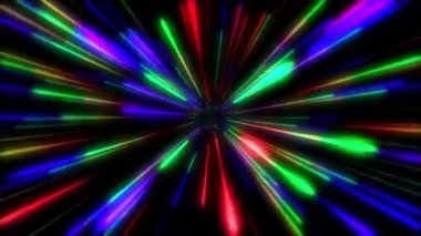 Merkezde birleşen neon ışınlarının soyut arkaplanı siyah bir arkaplanda canlandırılıyor..