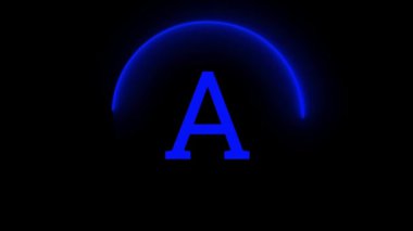Parlayan hilal şeklindeki mavi neon harfli A harfi siyah bir arkaplanda canlandırıldı.