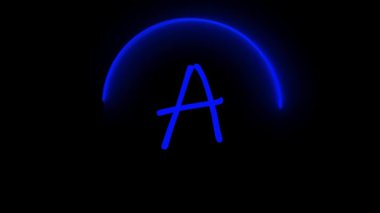 Parlayan hilal şeklindeki mavi neon harfli A harfi siyah bir arkaplanda canlandırıldı.
