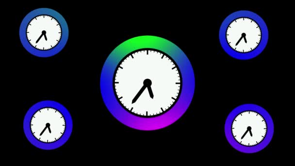 Cinco Relojes Colores Contra Animado Fondo Oscuro — Vídeos de Stock