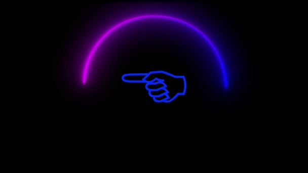 Neonowy Znak Dłoni Wskazującej Świecącymi Niebieskimi Fioletowymi Światłami Animowanymi Ciemnym — Wideo stockowe