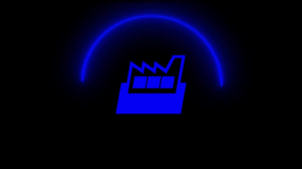 Icono Fábrica Azul Neón Sobre Fondo Oscuro Con Efecto Brillante — Vídeos de Stock