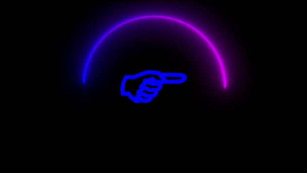 Neonowy Znak Dłoni Wskazującej Świecącymi Niebieskimi Fioletowymi Światłami Animowanymi Ciemnym — Wideo stockowe