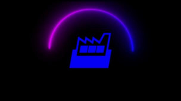 Koyu Arkaplanda Parlak Efektli Neon Mavi Fabrika Simgesi — Stok video