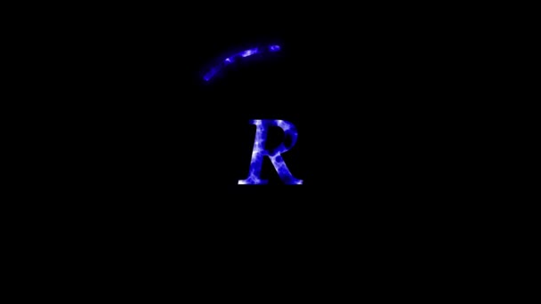 黒い背景にアニメーションされた輝く効果を持つブルーネオンレターR — ストック動画