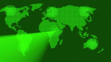Dünya haritasında radar taraması farklı bilgiler buldu. teknoloji animasyon arkaplanı.