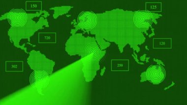 Dünya haritasında radar taraması farklı bilgiler buldu. teknoloji animasyon arkaplanı.