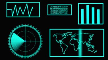 Dünya haritasını ve radar ekranını tarayan teknoloji aygıtı farklı bilgi animasyonu arkaplanı.