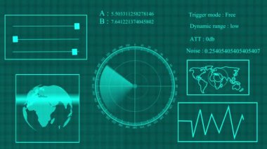 Dijital teknoloji dünya haritası, radar ekranı animasyon arkaplanı gösteren farklı bilgiler.