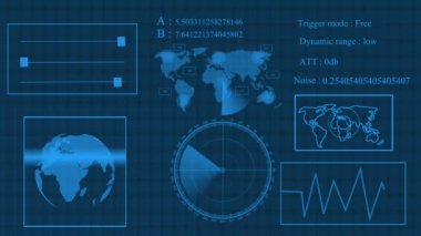 Dijital teknoloji dünya haritası, radar ekranı animasyon arkaplanı gösteren farklı bilgiler.