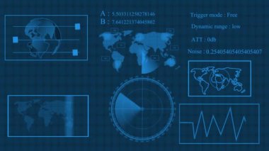 Dijital teknoloji dünya haritası, radar ekranı animasyon arkaplanı gösteren farklı bilgiler.