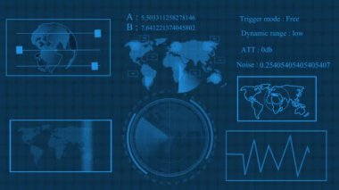 Dijital teknoloji dünya haritası, radar ekranı animasyon arkaplanı gösteren farklı bilgiler.