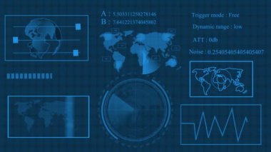 Dijital teknoloji dünya haritası, radar ekranı animasyon arkaplanı gösteren farklı bilgiler.