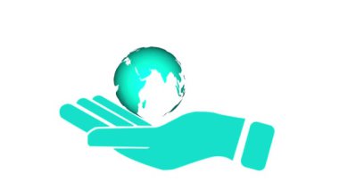 El animasyon arka planında logot tipi soyut dünya, soyut el simgesi, dünya haritası.