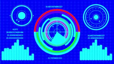 Mavi arkaplan üzerine canlandırılmış dairesel elementler grafikler ve dijital veriler ile geleceksel mavi HUD arayüzü.