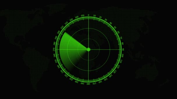 Skenování Radarové Obrazovky Mapě Světa Zjišťuje Různé Informace Technologie Animace — Stock video