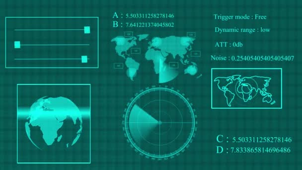 数字技术世界地图 显示雷达屏幕动画背景的不同信息 — 图库视频影像