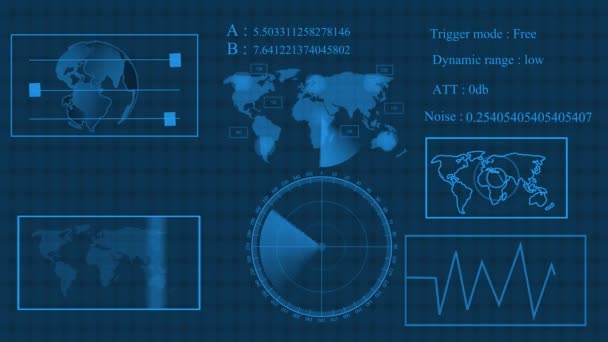 Digital Teknik Världskarta Olika Information Som Visar Radarskärmen Visas Animerad — Stockvideo