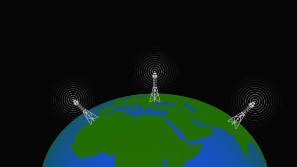 地上のデジタル技術抽象接続タワーとアンテナ電波アニメーション背景 — ストック動画