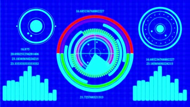 Футуристичний Синій Інтерфейс Hud Графами Круглих Елементів Цифровими Даними Анімованими — стокове відео
