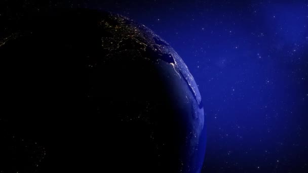 Vista Noturna Terra Espaço Com Luzes Cidade Iluminando Lado Escuro — Vídeo de Stock