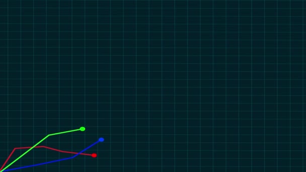 青いグリッドの背景にアニメーションされた異なる色の線を持つ抽象的な財務チャート — ストック動画