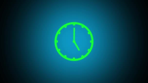 Neonowa Zielona Ikona Zegara Animowana Ciemnoniebieskim Tle Gradientowym — Wideo stockowe